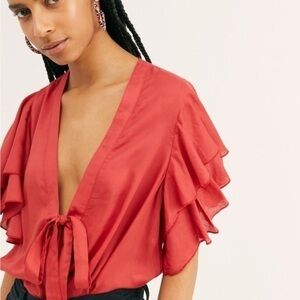 Free People Intimately Call me Later Red Bodysuit Ruffle Sleeve Deep Vneck Small